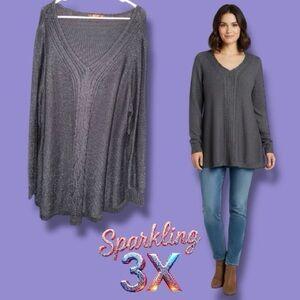 Belldini Sweater V-Neck Women’s Plus Size 3X Dark Gray Silver Sparkle Fall Vibes